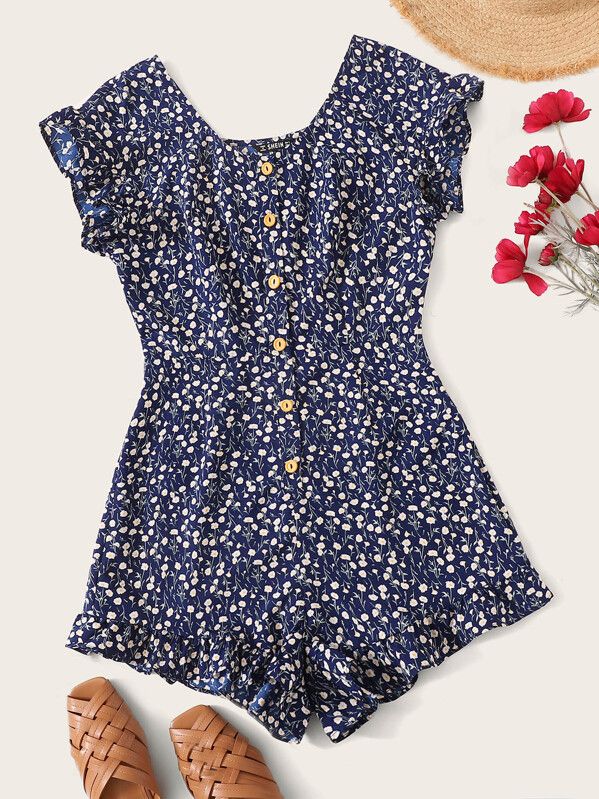 SHEIN Ditsy Floral Print Button Front Ruffle Hem Romper | SHEIN
