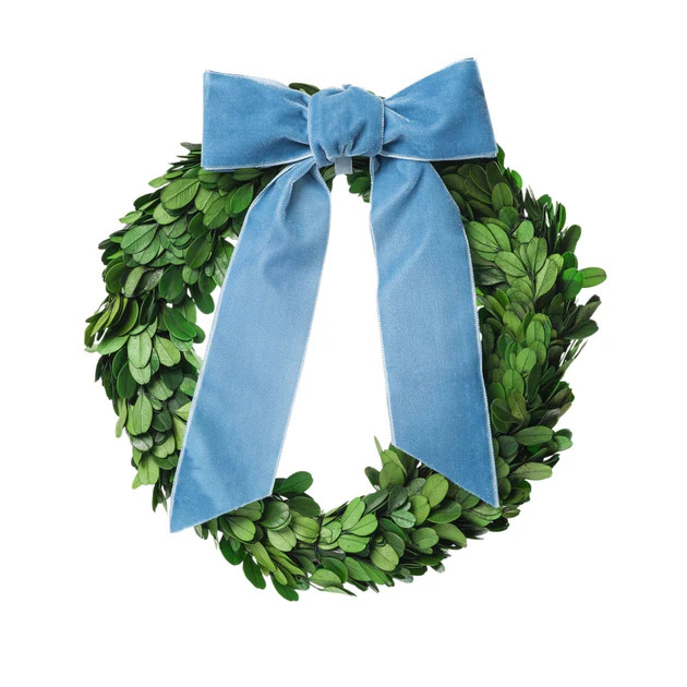 Preserved Boxwood Wreath with Dusty Blue Ribbon | Cailini Coastal
