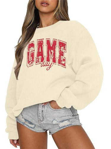 Women Game Day Sweatshirt Football Sweatshirts Funny Sunday Funday Football Season Long Sleeve Pullover Tops Apricot | Amazon (US)