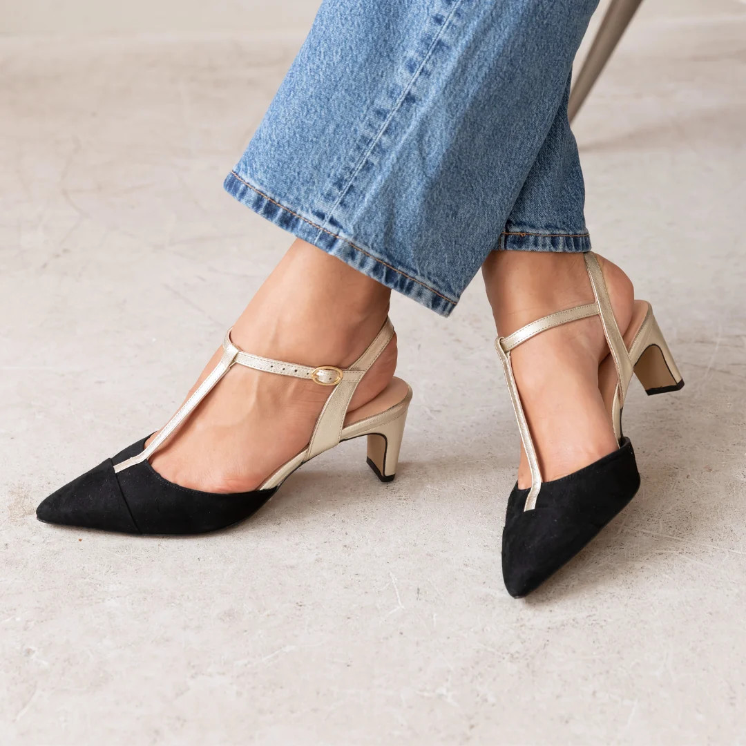 Ariel Pointed T-Bar Mid-Heel: Black Suede & Gold | Air & Grace
