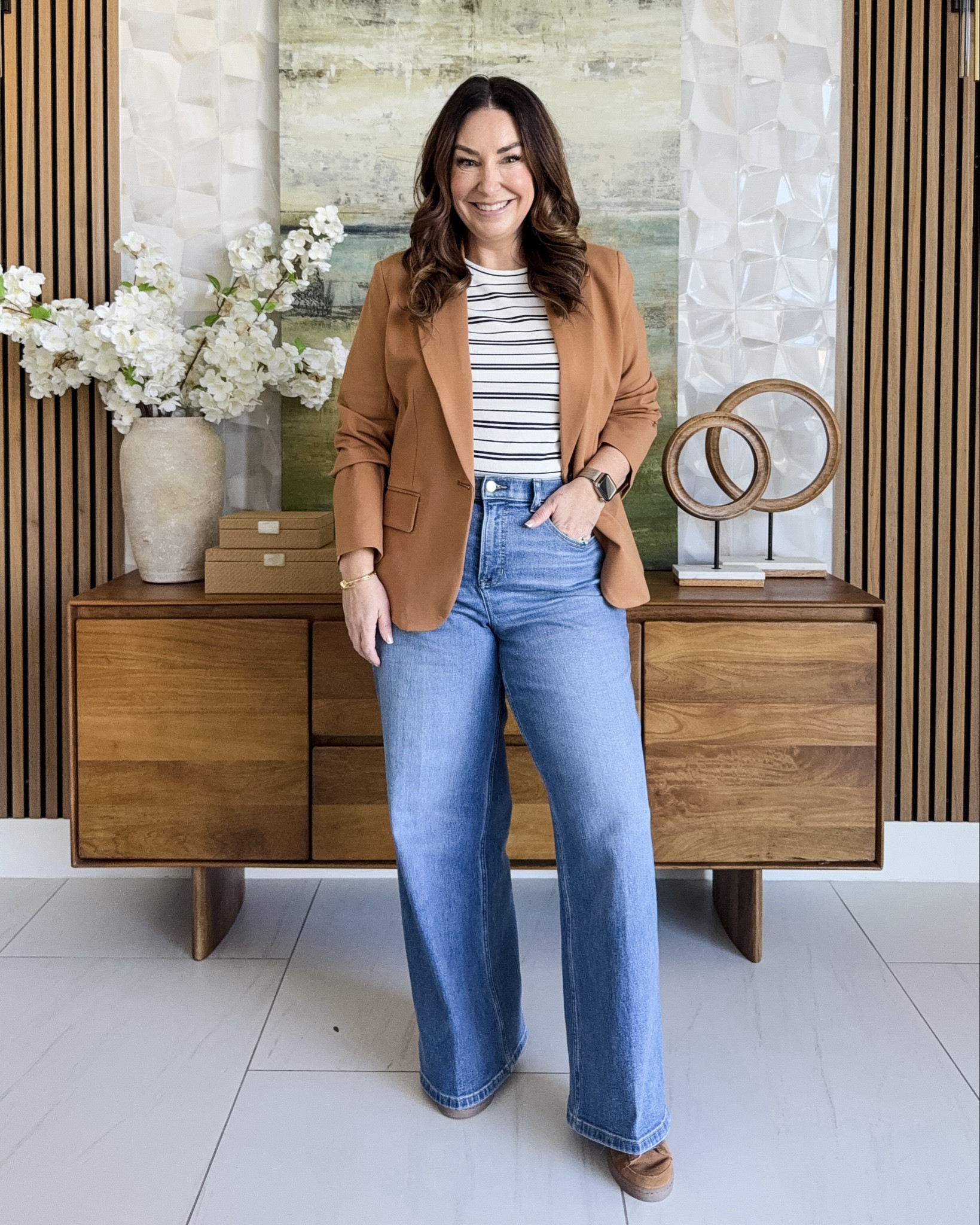 @Spanx Ponte new arrivals are perfect for business casual days! This stretchy ponte blazer is a great layer to dress up jeans. 

For reference I’m 5’5 size 12 | 38D wearing the following sizes:

-Ponte Tailored Blazer, L
-Ribbed Knit Crewneck Tee, L
-Authentic 360 Wide Leg Jeans, L Petite (these are more true to size than previous pull-on styles)
#SpanxPartner 
 

 #LTKOver40 #LTKMidsize #LTKWorkwear