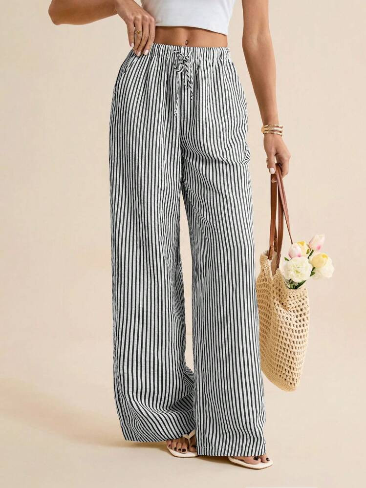 SHEIN Tall Casual Knotted Elastic Waist Striped Women Pants | SHEIN
