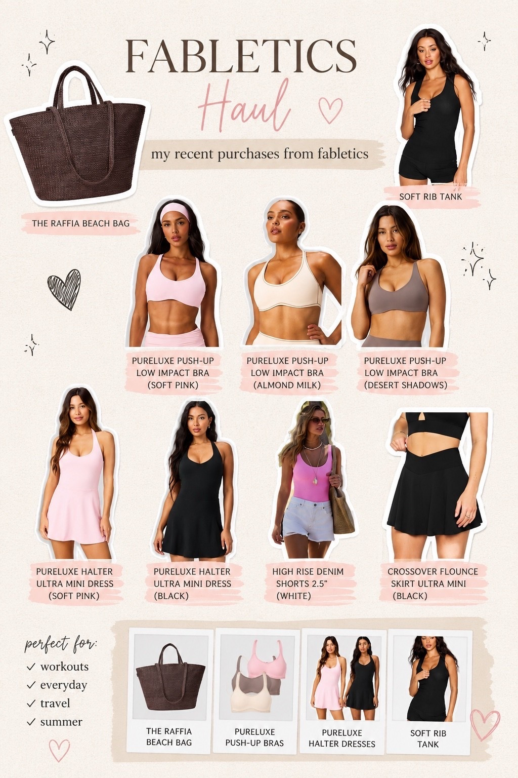 These are my recent Fabletics purchases and every single piece is a winner—from the dresses to the activewear to that adorable woven tote. ✨ @Fabletics 

Linked in my LTK if you’re shopping for summer finds! ☀️🛍️

Sizing details:
🤍 I ordered a size Small in everything shown.
🤍 For the PureLuxe Push-Up Bra, I sized up to a Medium (I almost always size up in sports bras and bralettes!).
🤍 Fabletics has a really helpful size guide on their website that made choosing sizes super easy.

#LTKStyle #Fabletics #SummerFashion #AthleisureStyle #WhatLoLoves

#LTKootd #LTKActive #LTKSeasonal