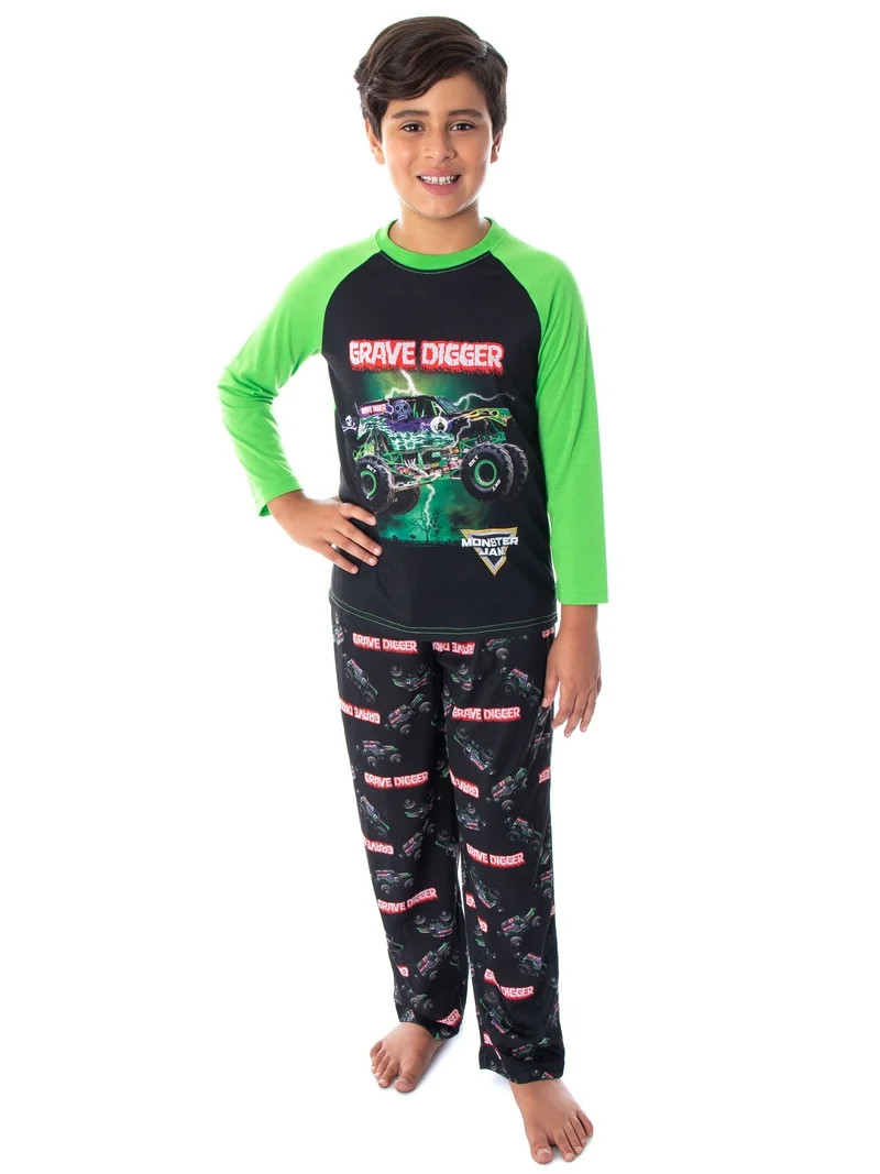 Monster Jam Boys' Grave Digger Monster Truck 2-Piece Raglan Long-Sleeve Shirt  Pajama Pant Set Lo... | Walmart (US)