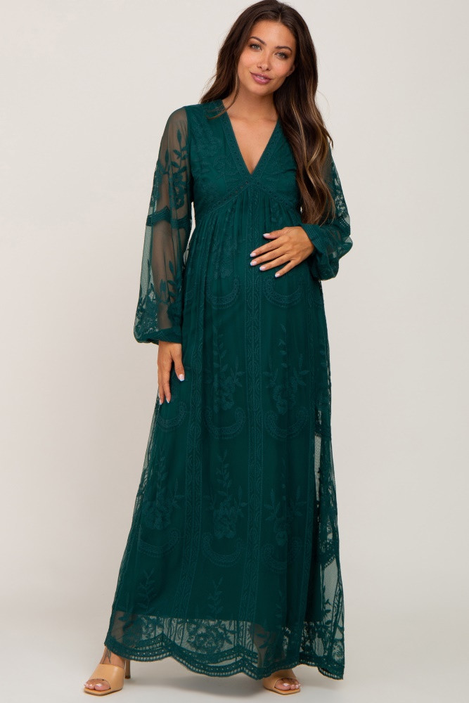 PinkBlush Forest Green Lace Mesh Overlay Long Sleeve Maternity Maxi Dress | PinkBlush Maternity