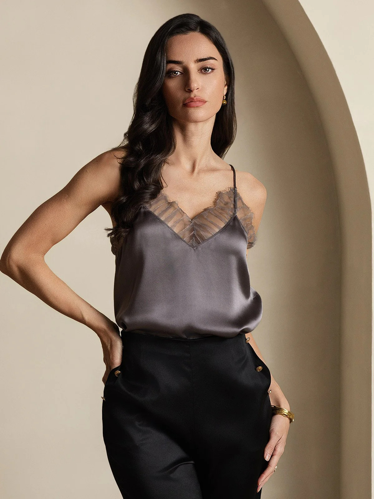 Silkki Spagettiolkaimet Pitsi Camisole Top - Purppuranharmaa / XS(38) | SilkSilky