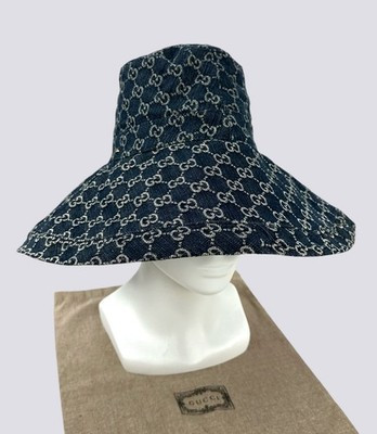 Ladies Gucci GG Monogram Canvas Jacquard Big Bucket Hat Wide Brim Cap Navy Sz S | eBay US