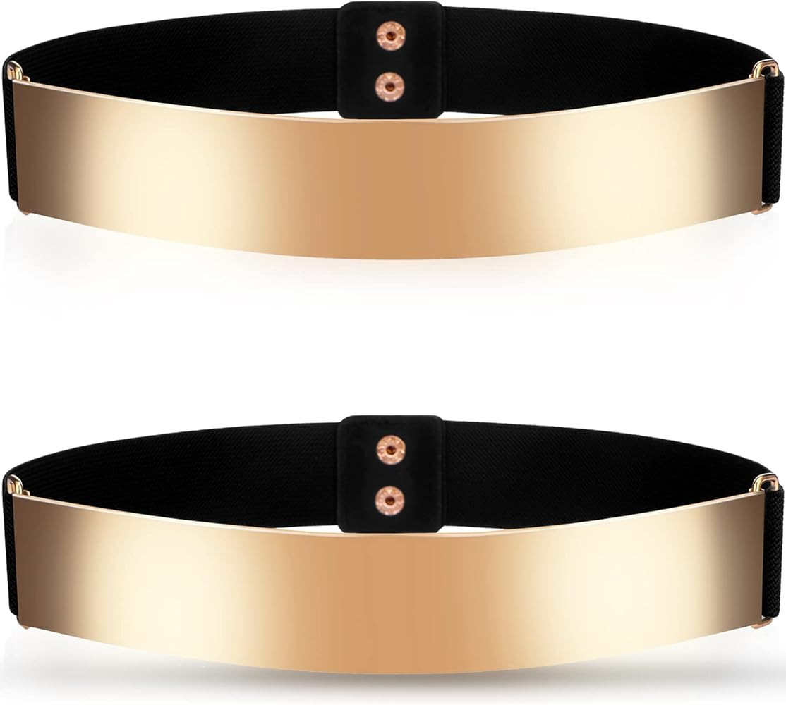 2 Pieces Women's Mirror Stretch Waist Dress Belt Skinny Belt for Women Dress Waist Belt Metal Pla... | Amazon (US)