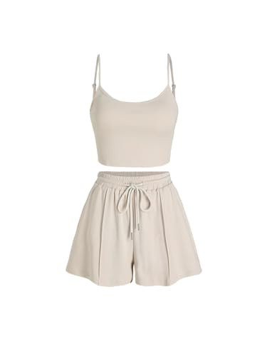 CIDER U-neckline Crop Cami Top & Drawstring Wide Leg Shorts Set: Beige, L | Amazon (US)