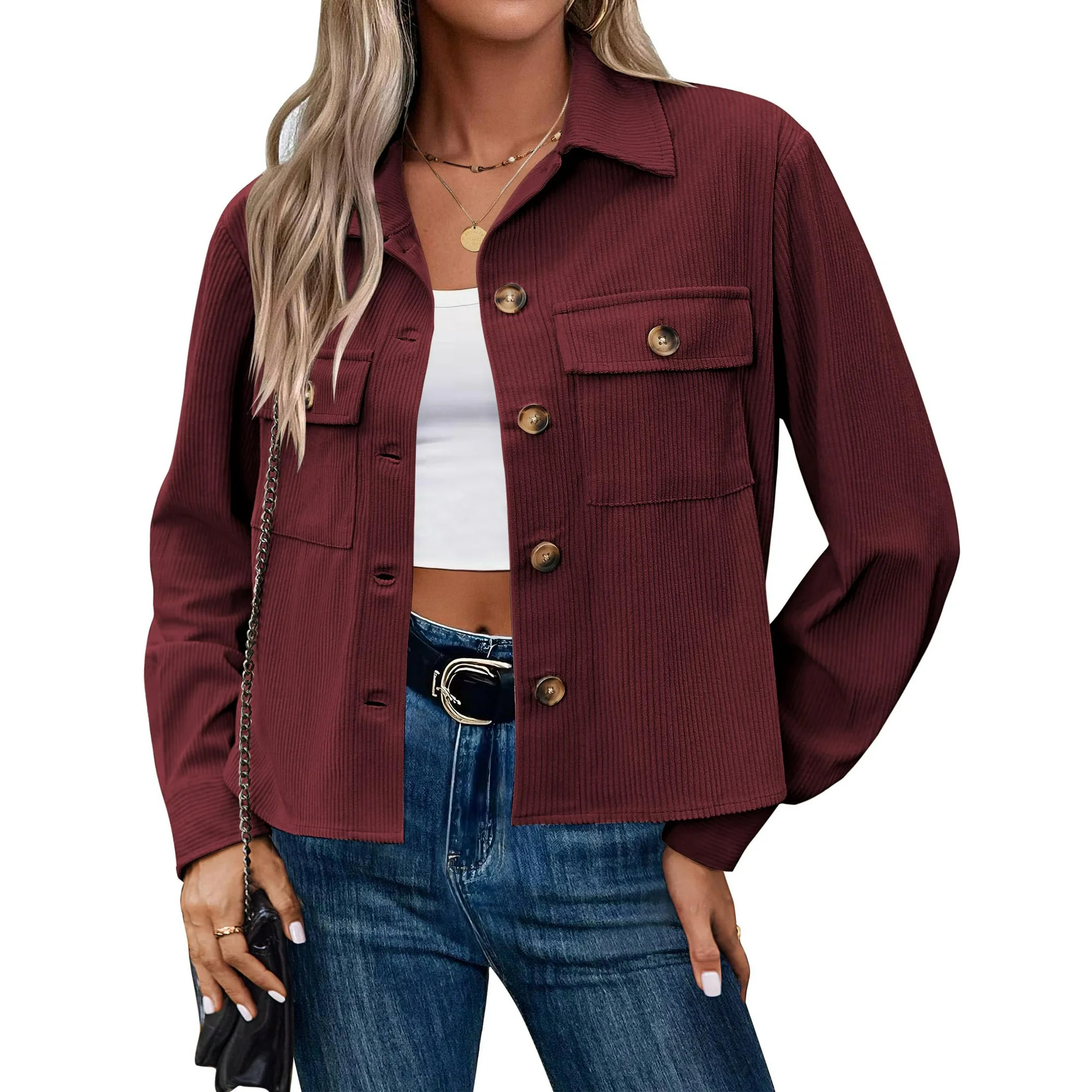 Qaspx Fashion Jackets for Women Casual Cropped Shackets Fall Button-up Shirts Corduroy Tops | Walmart (US)