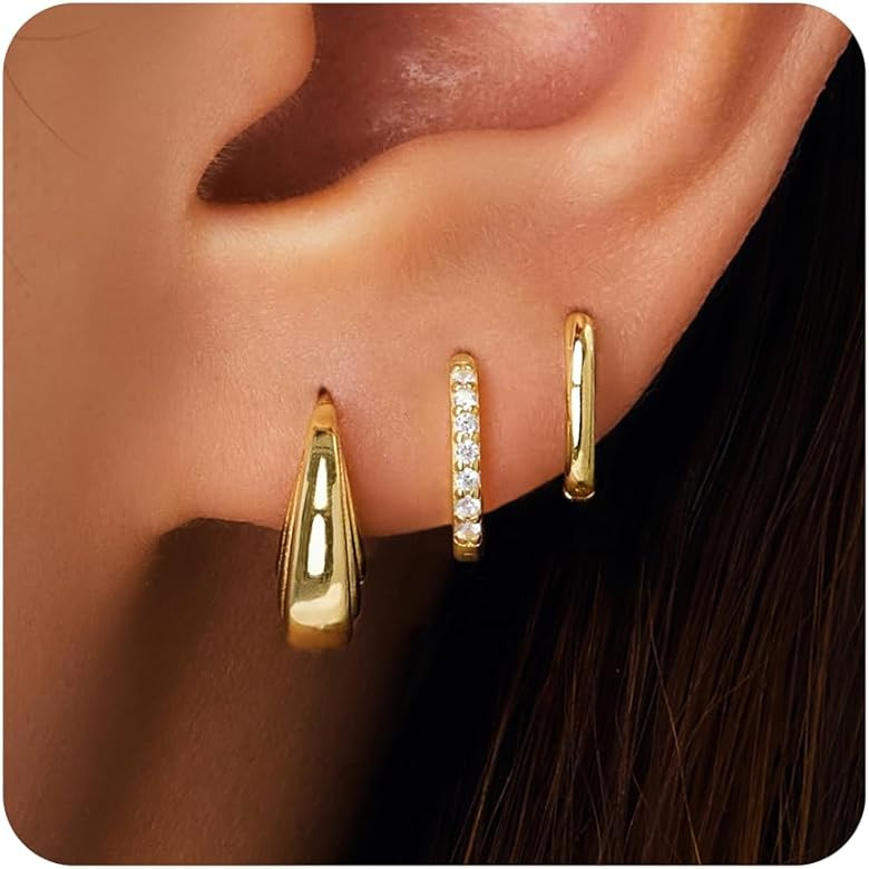 Gold Hoop Earrings Set for Women, 14K Small Huggie Earring for Multiple Piercing Hypoallergenic T... | Amazon (US)