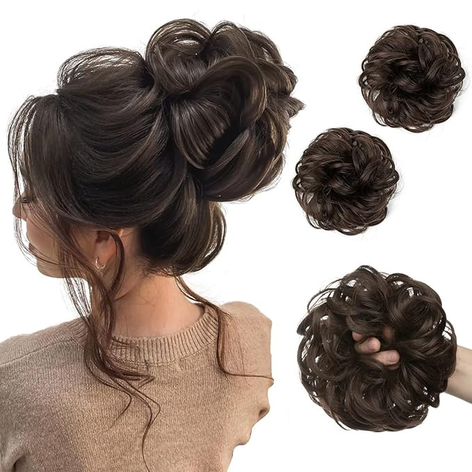 SARLA 2PCS Messy Hair Bun Hair Pieces Wavy Curly Synthetic Updo Fake Scrunchies Ponytail Extensio... | Amazon (US)