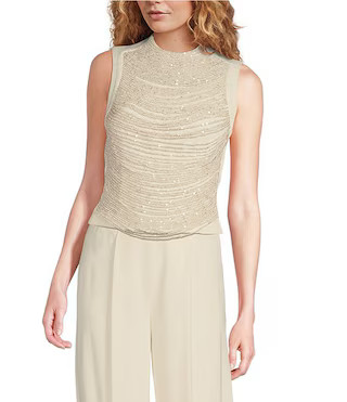 Muse by Marchesa Snowdrop Woven Pearl Rhinestone Mock Neck Sleeveless Fitted Blouse | Dillard's | Dillard's