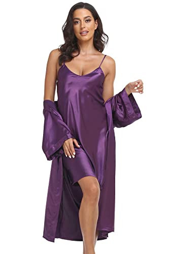 Women's Satin Robe Set 2 Piece Pajama Sets Sexy Lingerie Robes Soft Sleepwear Silk Kimono Nightgown with Camisole Deep Purple 3X-Large | Amazon (US)