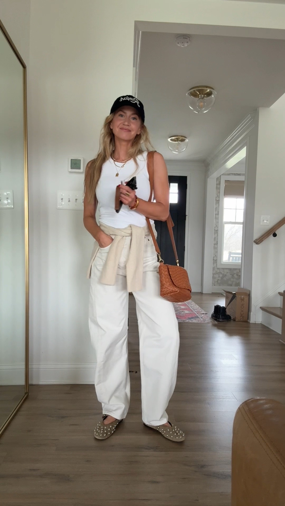 Friday errands. 

White tank: TTS, wearing S
Cream barrel denim: TTS, wearing 25
Suede studded flats: TTS 

#LTKdayinmylife #LTKgrwm #LTKootd