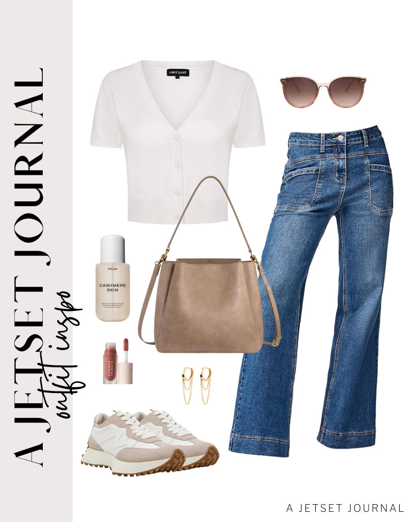 For our first outfit, you can pair this button-down sweater with EVALESS bootcut jeans and Campo sneakers from Steve Madden. You can accessorize with SOJOS round sunnies and a stylish bag from LOVEVOOK. 

 #LTKSeasonal #LTKSaleAlert #LTKTravel