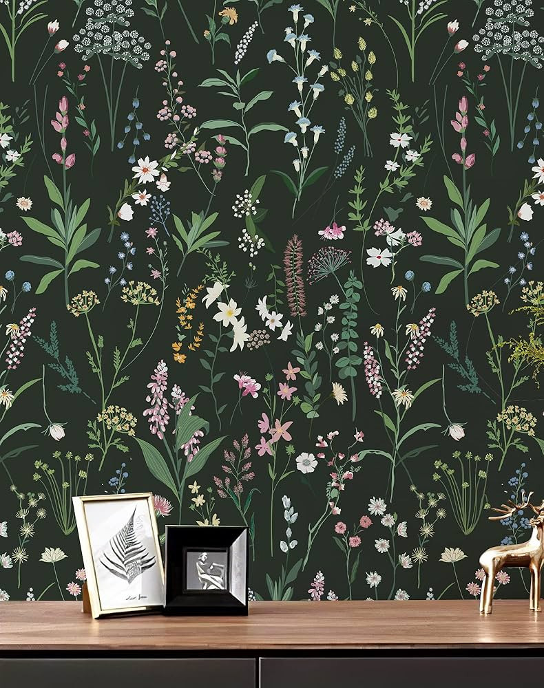 JiffDiff Floral Wallpaper Peel and Stick Farm Floral 17.32" x 236.22" Wildwood Wallpaper Dark Wal... | Amazon (US)