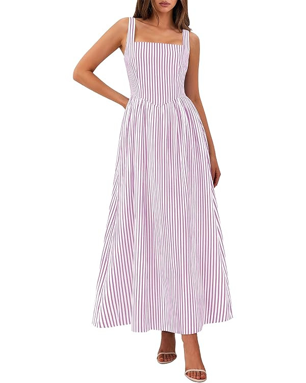 PRETTYGARDEN Women's Maxi Dress Summer Striped Sundress 2026 Spring Smocked A Line Long Flowy Bea... | Amazon (US)