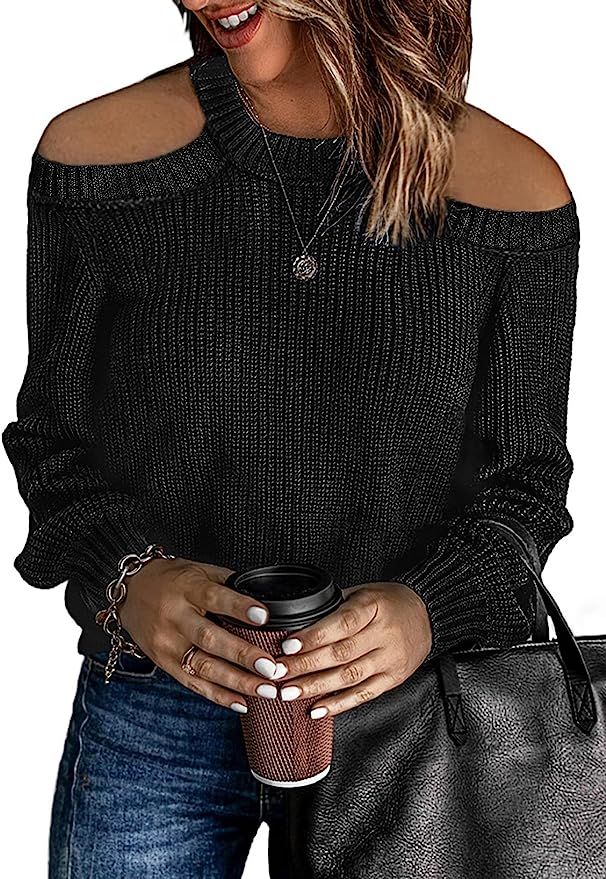 HOTAPEI Womens Long Sleeve Cold Shoulder Halter Neck Hand Knit Sweater Tops Sexy Pullover Backles... | Amazon (US)