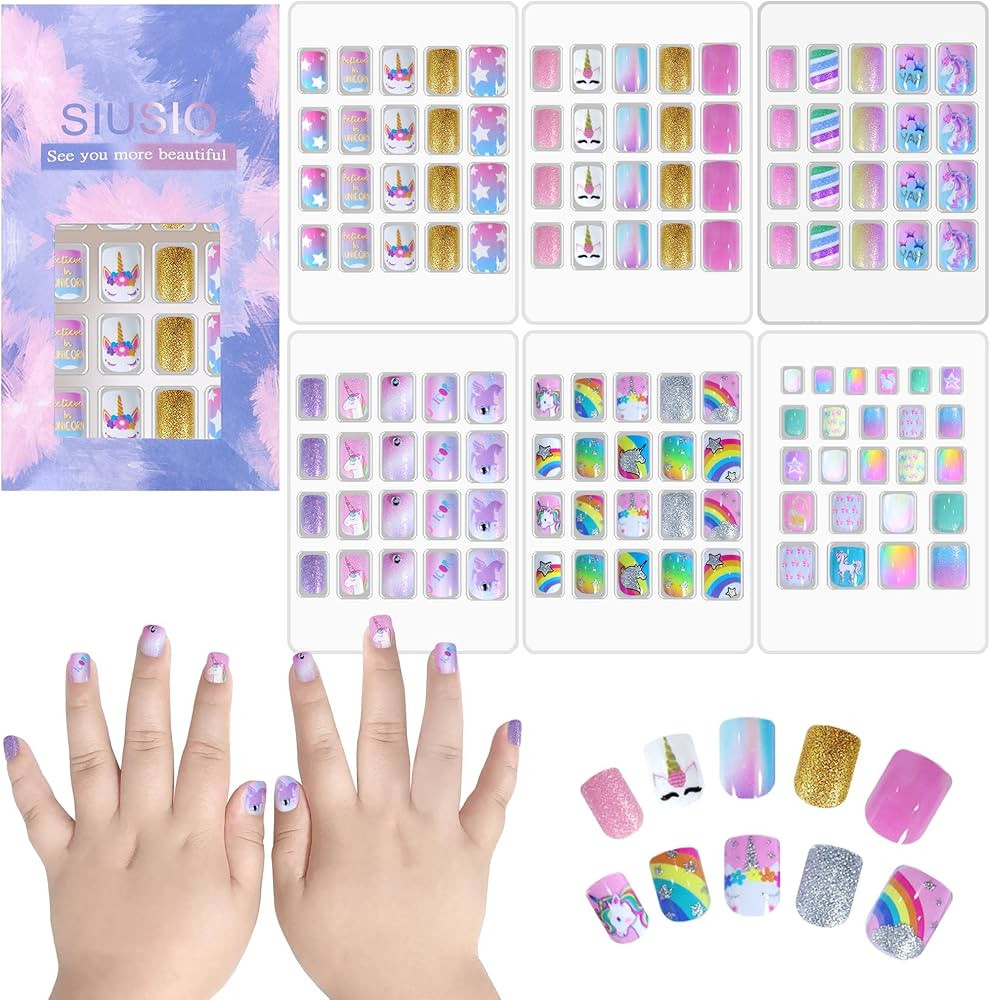 SIUSIO 124 Pcs 6 Pack Children Acrylic Fake Nails Press on Cute Pre-glue Full Cover Glitter Gradi... | Amazon (US)