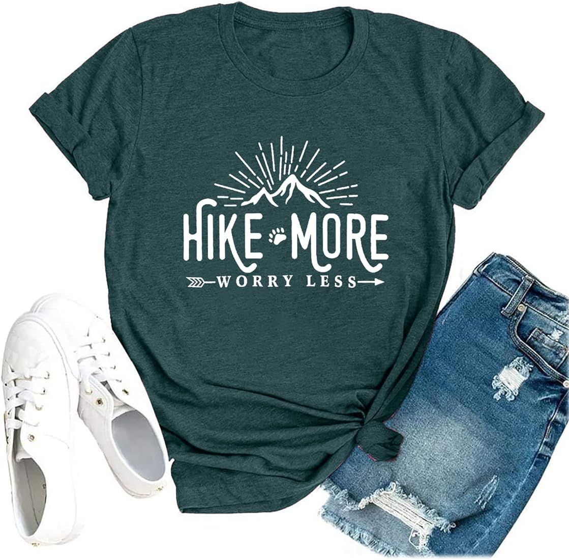 Hike More Worry Less Shirts for Women Hiking Shirt Funny Letter Print Tshirt Short Sleeve Shirt Gift | Amazon (US)