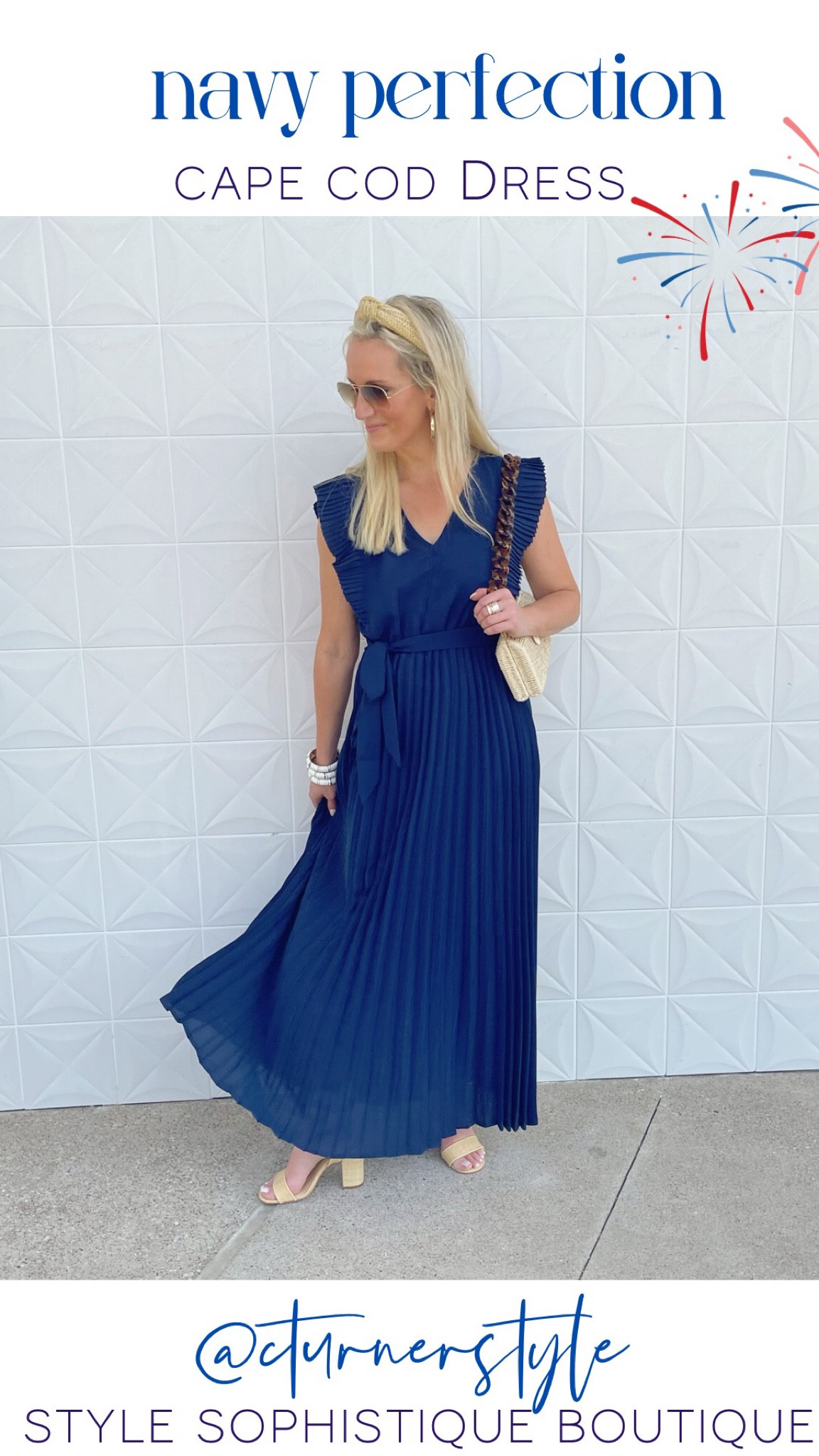 More beautiful blue for your summer vacations and weddings! Navy is universally flattering on everyone and you can swap out the belt this comes with for the straw one linked here that I love! Dress available on stylesophistique.com . Use code welcome10 for new customers!