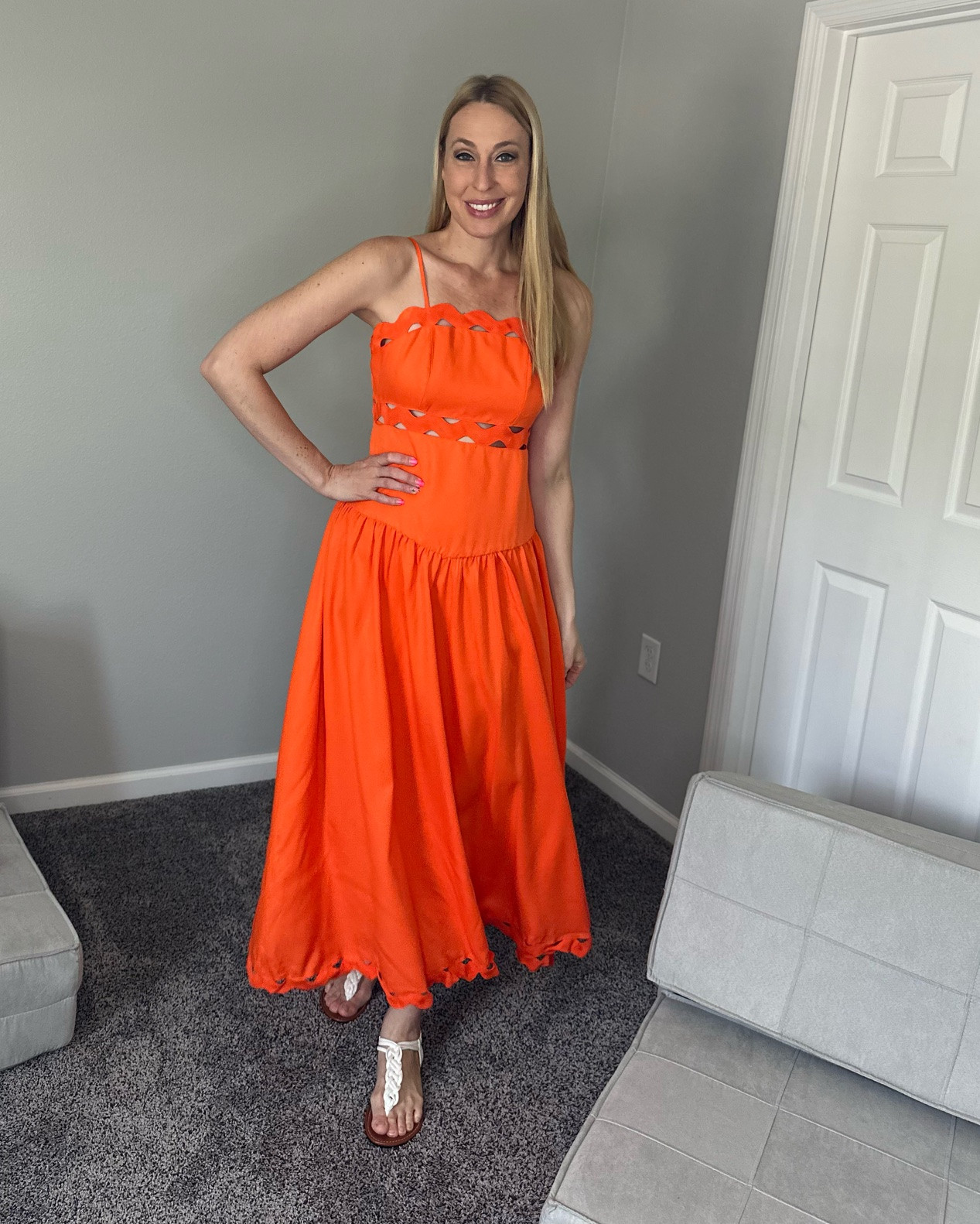 Bright orange maxi dress for summer cruises 
💓I love the bright color and the cute cut out style
💓 it doesn’t have stretch but does have a little wiggle room
💓 wearing size small, fits true to size and I am 5’10”
💓 SHEIN fashion, SHEIN under $50 find