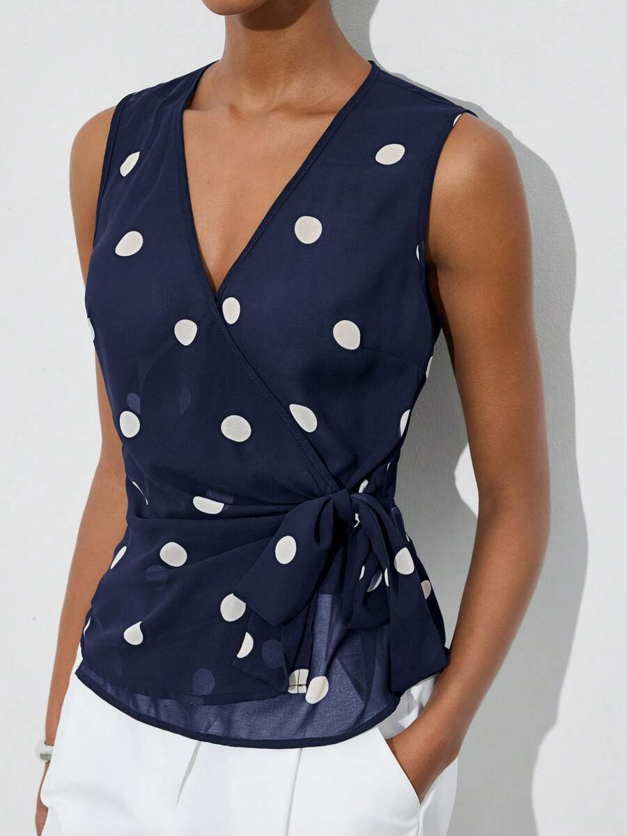 Maija Women's Contrast Navy Blue Polka Dot Print V-Neck Sleeveless Top, Summer Casual Elegant Off... | SHEIN