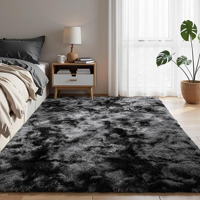 Black and Grey Area Rugs for Living Room Men Room Carpet 4x6 Bedroom Fluffy Furry Shag Aesthetic ... | Amazon (US)