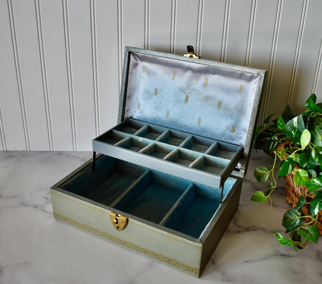 Vintage Sage Green Mele Two-tier Jewelry Box With Blue Lining, Retro Jewelry Chest - Etsy | Etsy (US)
