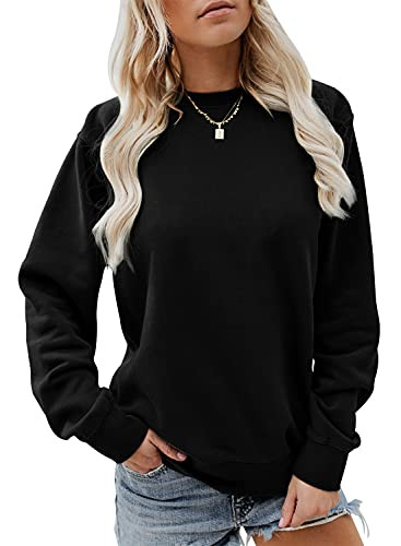 Womens Casual Crewneck Sweatshirts Long Sleeve Loose Fit Soft Pullover Tops Black | Amazon (US)