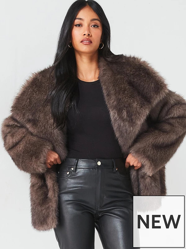 V by Very Longline Shawl Collar Faux Fur Coat - Brown | Very (UK)
