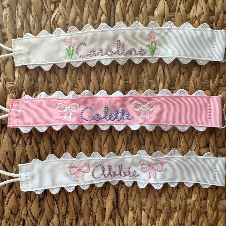Monogrammed Pacifier Clip Bow Personalized Scallop Embroidered Paci Holder Baby Bib Clip With Ric... | Etsy (US)