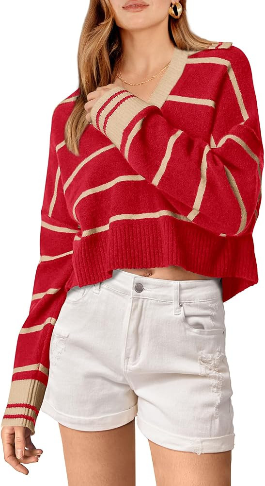 PRETTYGARDEN Women's Pullover Striped Sweaters Casual Lapel V Neck Long Sleeve Ribbed Knit Loose ... | Amazon (US)