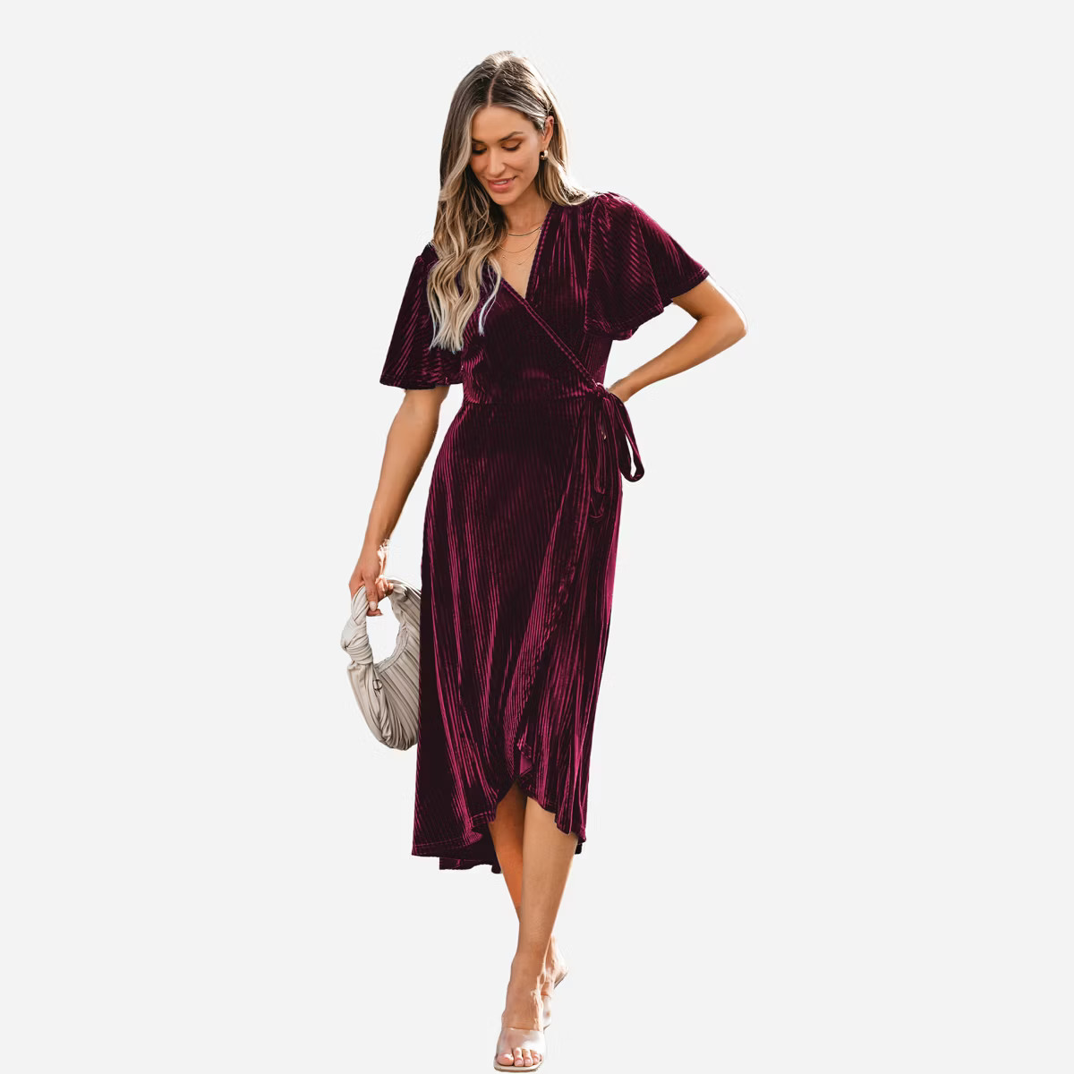 Women's Festive Ribbed Velvet Belted Midi Fall Dress -Cupshe-S-Red | Target