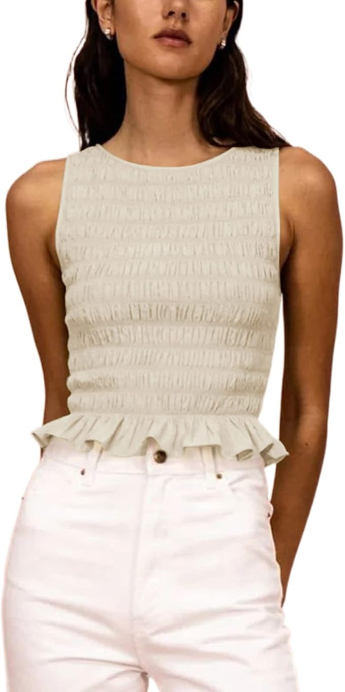 Women Shirred Tank Top Ruffle Sleeveless Tanks Frill Smocked Halter Cami Tops Summer Streetwear | Amazon (US)