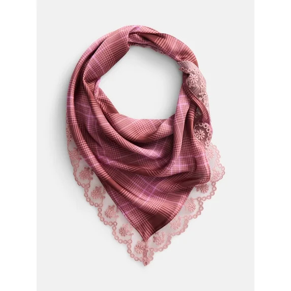 No Boundaries Women's Triangle Scarf with Lace Trim, Pink Plaid | Walmart (US)