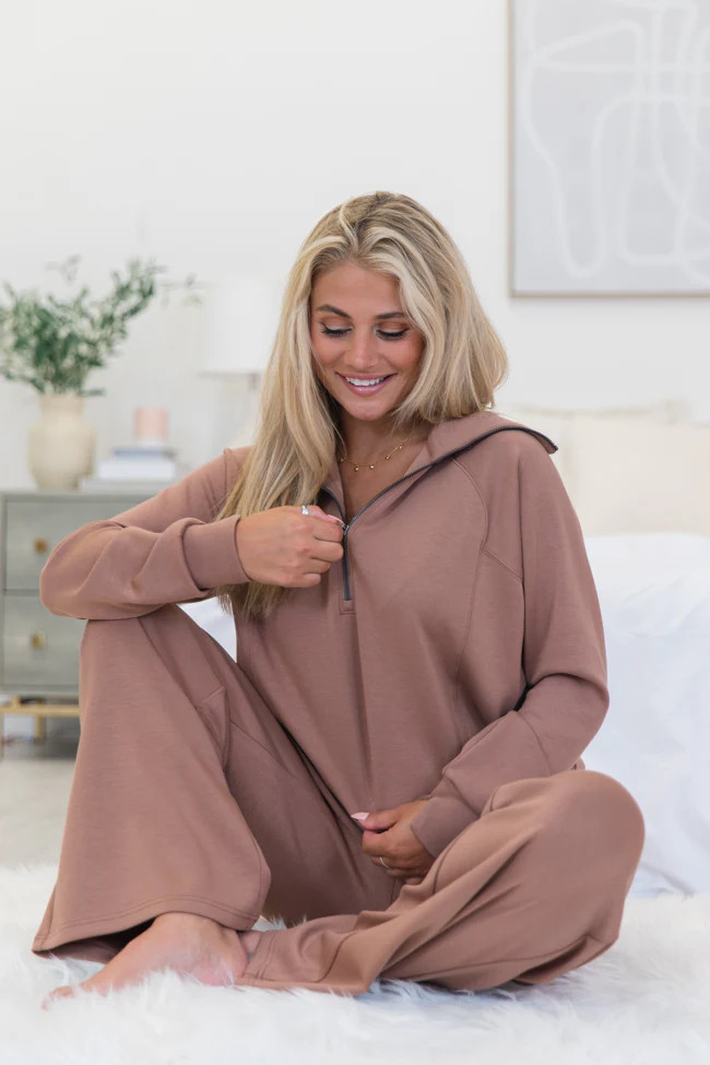 Let's Just Stay Mocha Quarter Zip Knit Pullover | Pink Lily