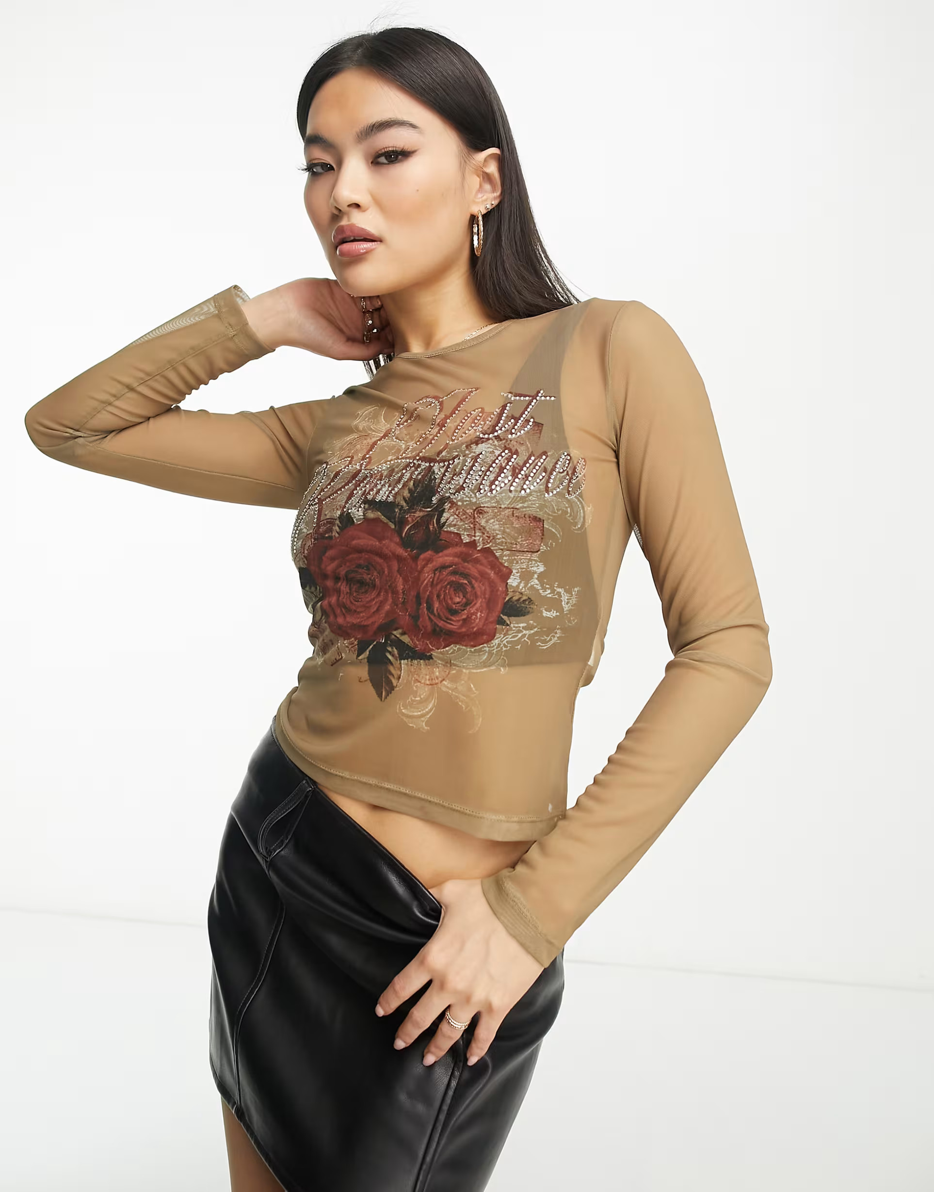 ASOS DESIGN mesh top with crystal stud hot fix graphic in khaki | ASOS (Global)