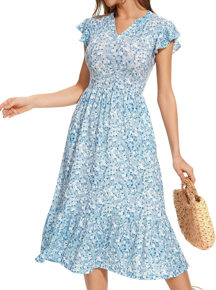YIOYOLA Midi Dresses for Women 2025 Casual with Pockets Ruffle Sleeve Notched Neck A Line Tiered ... | Amazon (US)