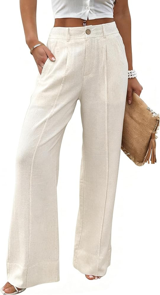 heipeiwa Women's Linen Wide Leg Palazzo Pants Summer High Waist Casual Trouser Beach Travel Vacat... | Amazon (US)