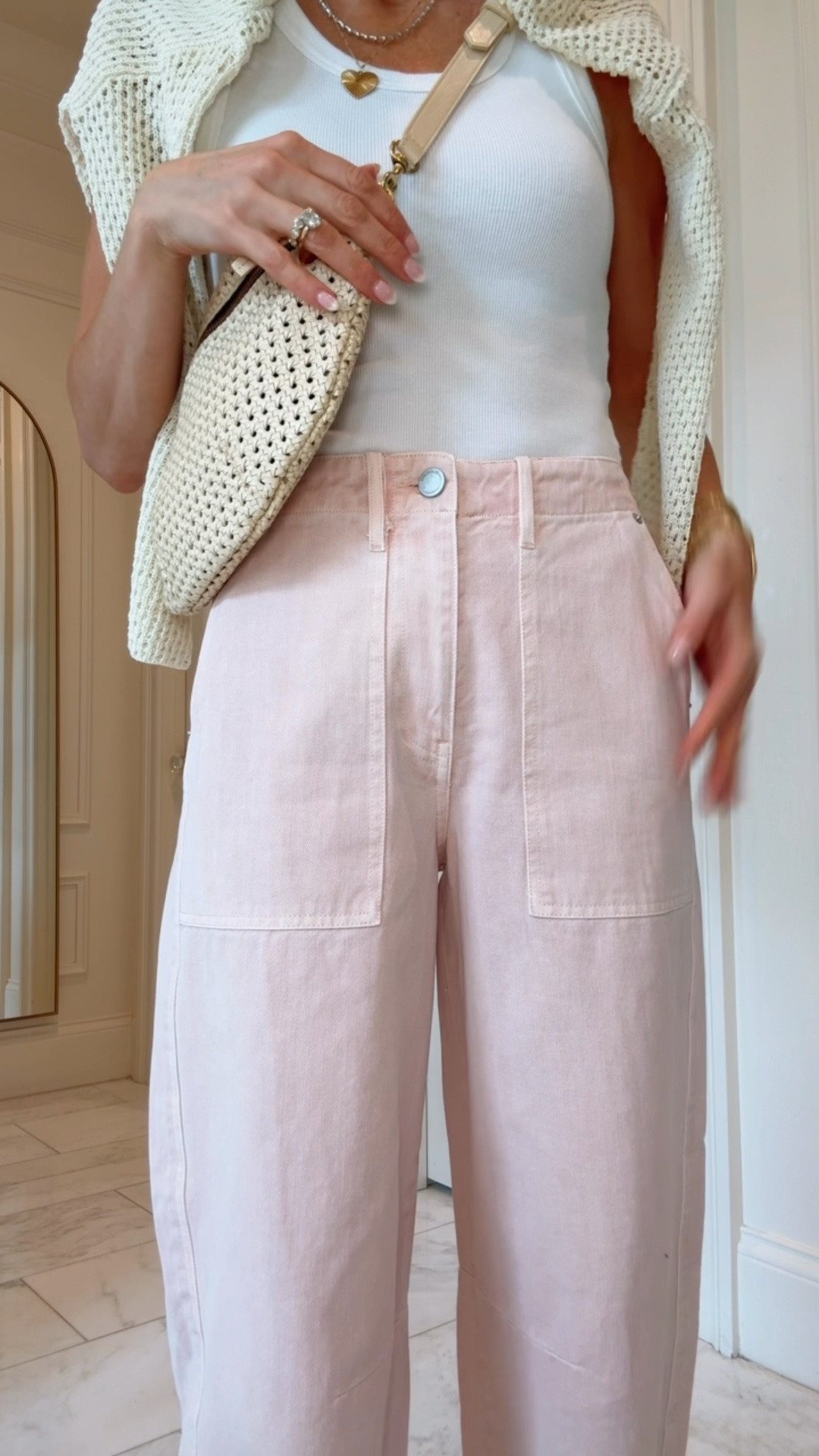 Love these pale pink barrel jeans. These are under 130 and won't last long. I'm 57 wearing my shoe size 25. They fit true size.