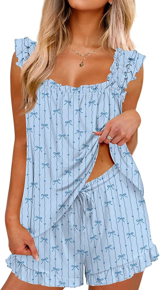 Ekouaer Pajama for Women Set 2 Piece Ruffle Pjs Soft Tank Top and Shorts Sleepwear Set Bridal Paj... | Amazon (US)