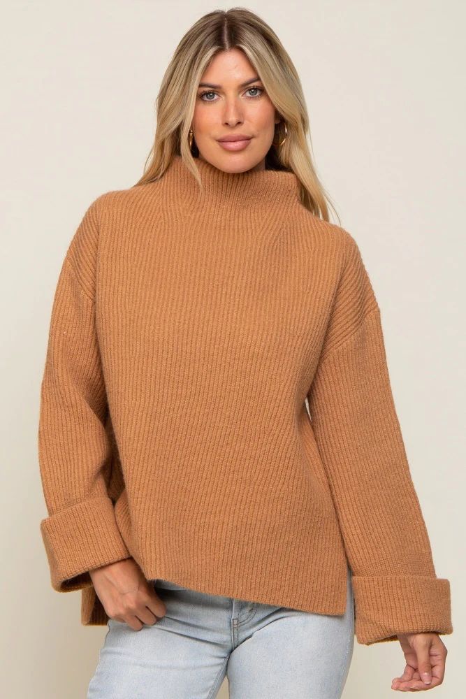 Camel Mock Neck Chunky Knit Sweater | PinkBlush Maternity