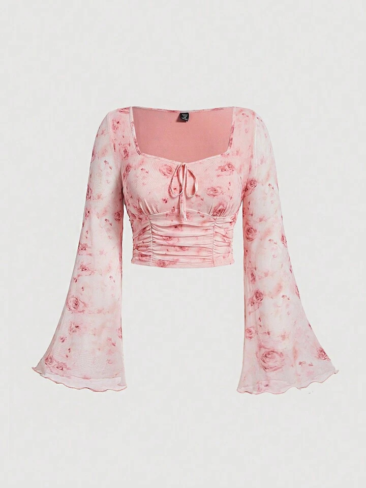 SHEIN MOD Plus Floral Print Tie Front Ruched Tee,Sheer | SHEIN