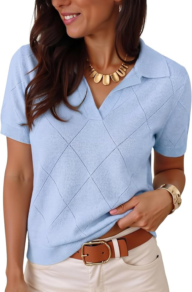 Dokotoo Su\u00e9ter de manga corta con cuello para mujer, con solapa, cuello en V, ahuecado, tops... | Amazon (US)