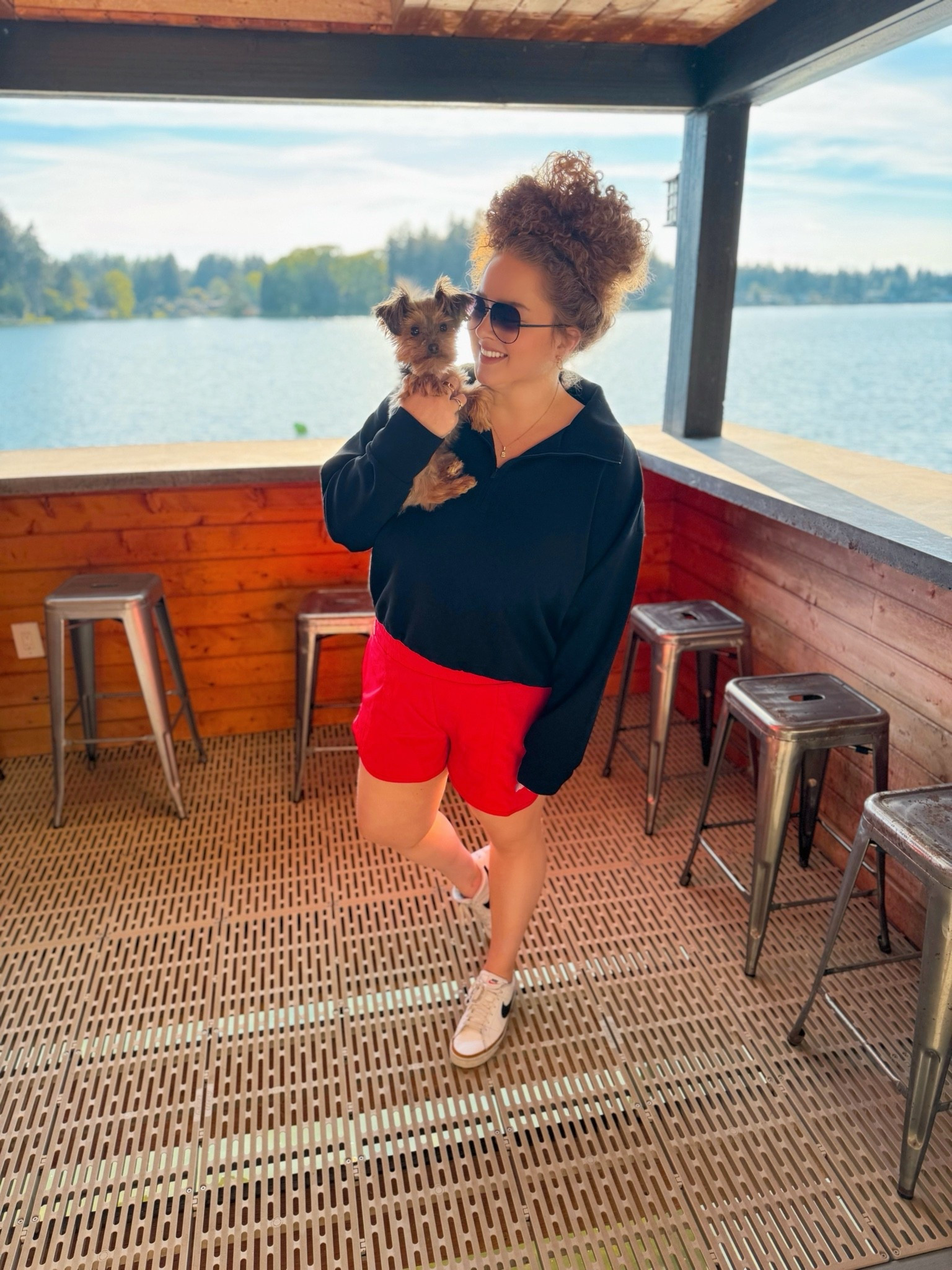 Lake days, comfy clothes, and my favorite little sidekick 🐾✨ This pullover and athletic shorts combo was perfect for vacation mornings on the water 🌊 Comfy, lightweight, and still cute enough to throw on for exploring afterward 🤍 athleisure outfit | casual summer style | dog mom outfit | vacation outfit inspo | red athletic shorts | comfy everyday outfit | black pullover outfit | sporty chic | nike sneakers | casual lake day | dock outfit inspo | everyday style | travel day outfit | cozy casual look | aviator sunglasses | effortless summer outfit | amazon fashion finds | weekend casual wear ✨🐾

#LTKootd #LTKTravel #LTKgrwm