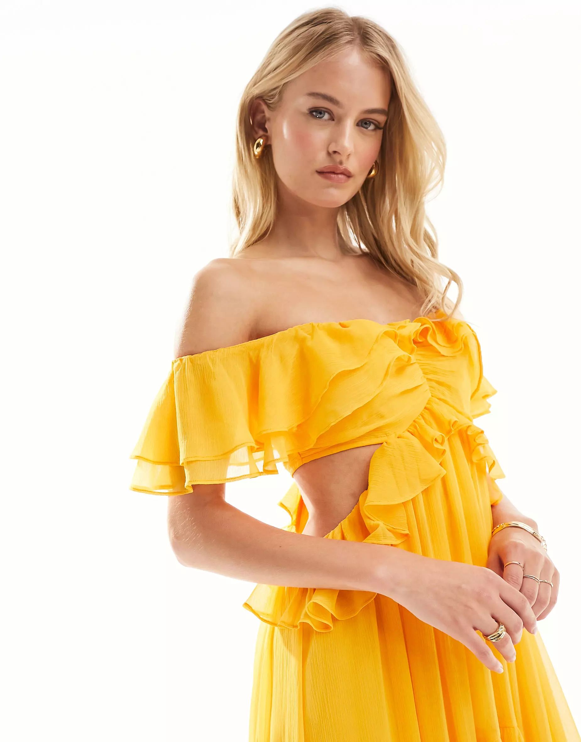 ASOS DESIGN Tall ruffle cut out off the shoulder maxi dress in bright orange | ASOS (Global)