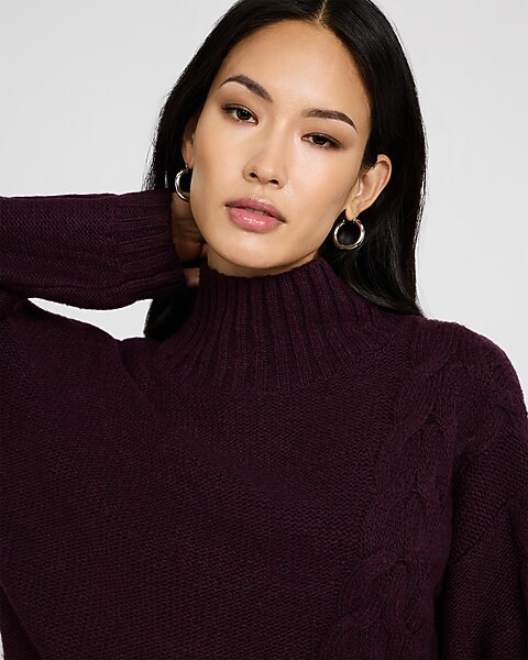 Turtleneck Cable Knit Balloon Sleeve Sweater | Express