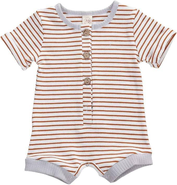 Gouldenhui Newborn Baby Boy Girl Summer Romper Short Sleeve Striped Jumpsuit Ribbed Clothes One P... | Amazon (US)